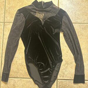Adult Small. Black velvet high neck leotard with mesh sleeves
